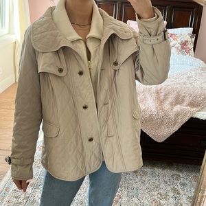 Talbots Quilted Equestrian Jacket Button Front Cowl Neck 1x Lightweight Khaki